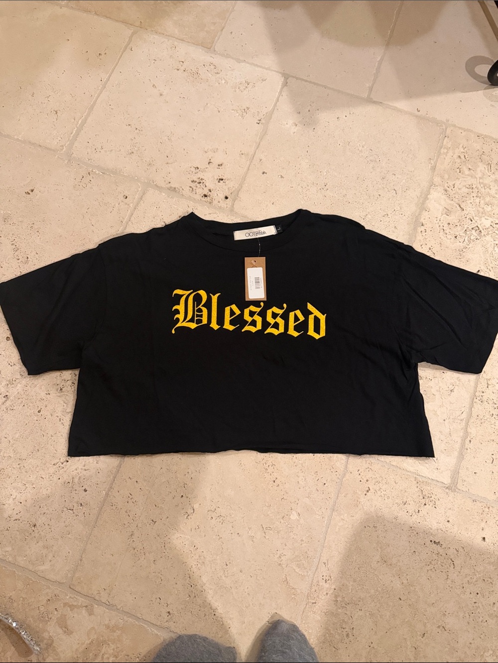 OOTDFash Black Tee with Yellow Gothic Print